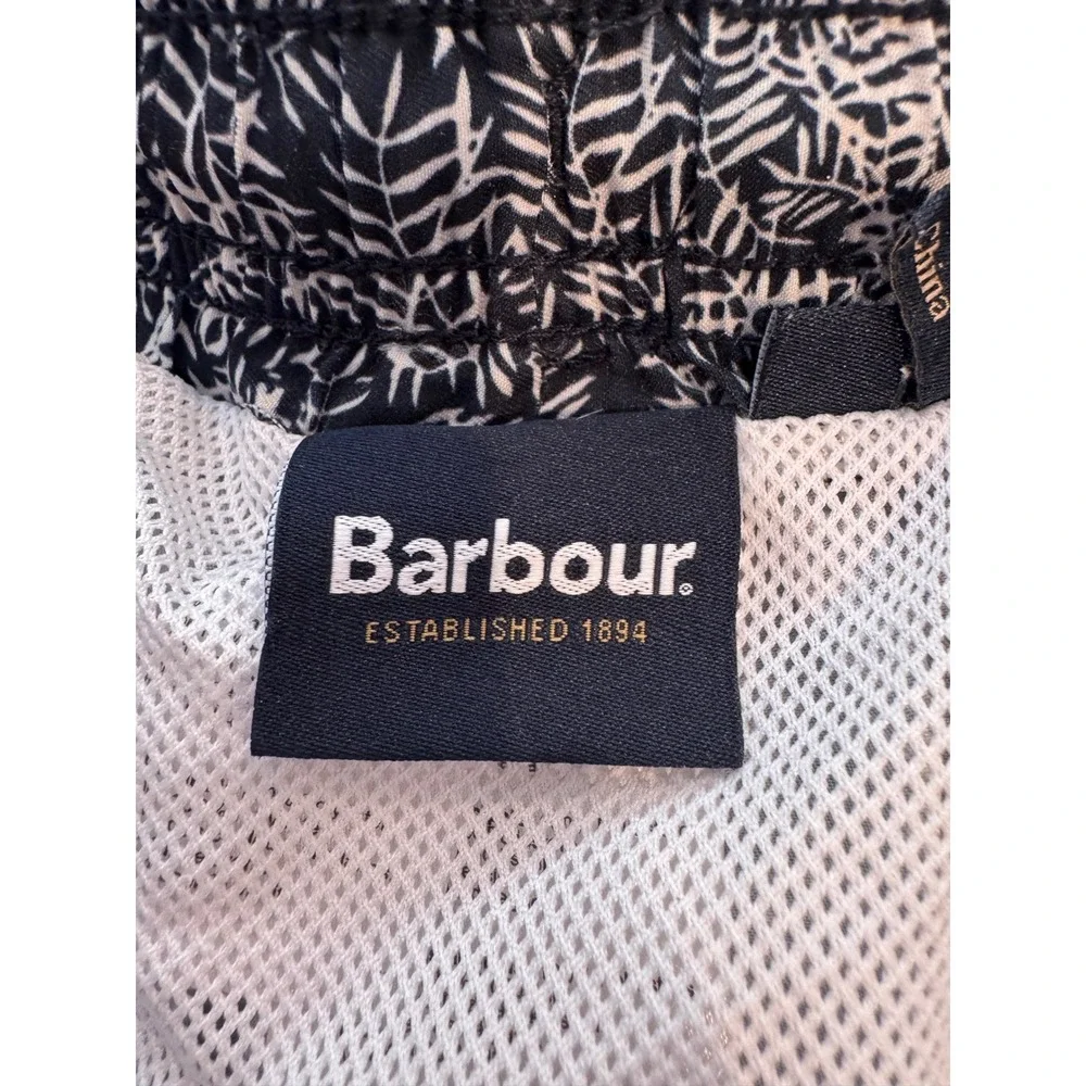 Barbour Mens Swim Shorts Navy White Botanical Leaf Print Mesh Lined Size Medium